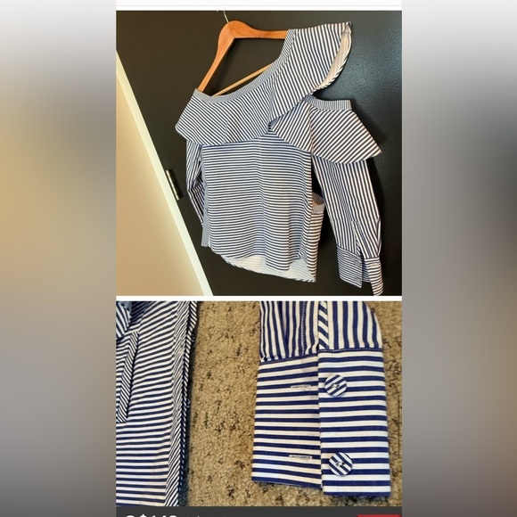 Self-Portrait size 2 EUC worn once Blue and White Striped Ruffle asymmetrical - Picture 11 of 15